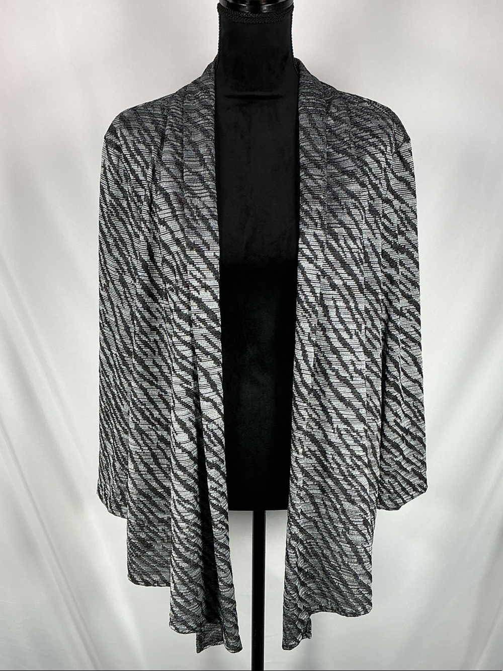 Chico's Black Gray Zebra Animal Print Open Front Draped Knit Cardigan Jacket XL